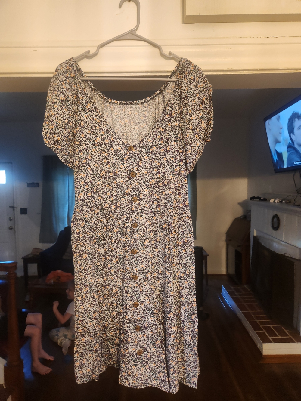 Button-Front Floral Midi Dress in Navy and White